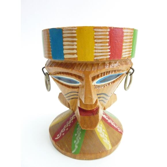 Vintage Carved Wood Tiki Candle Holder Stand 5" tall - Picture 3 of 5